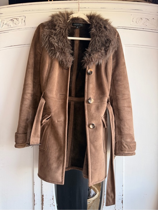 Forever New Jackets & Blazers - Forever New Tan Faux-Suede Trench Coat with Faux-Fur Collar